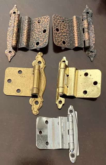 5 Assorted Vintage Salvaged Cabinet Door Hinges-Hammered Copper; Nickle; Brass