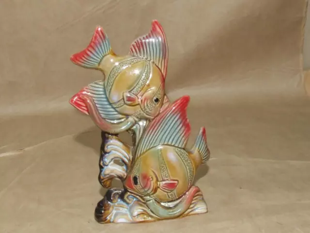 VTG Mid Century Colorful Ceramic Pottery DBL Angel Fish Figure Figurine 6.75"