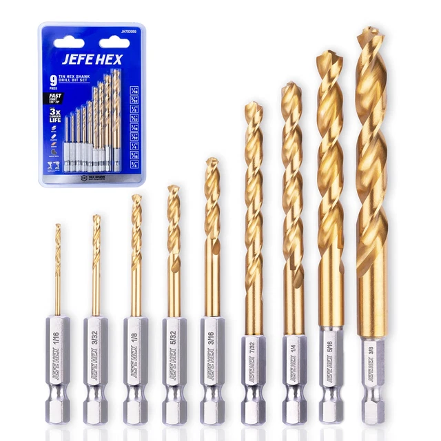 9-Piece Drill Bits Set,Hex Shank for Quick Change, Titanium HSS Twist Drill Bit