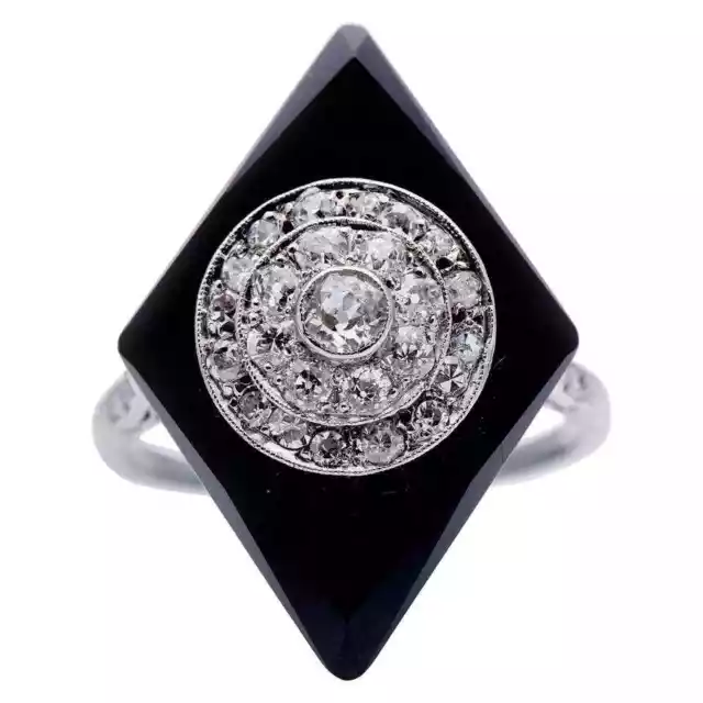 Art Deco Large Black Onyx & White CZ Women's Wedding Cluster Cocktail Ring