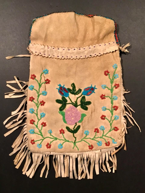 Fine,Large Cree Beaded & Fringed Bag,Beautiful Floral Design,Excellent,C1900,Nr!