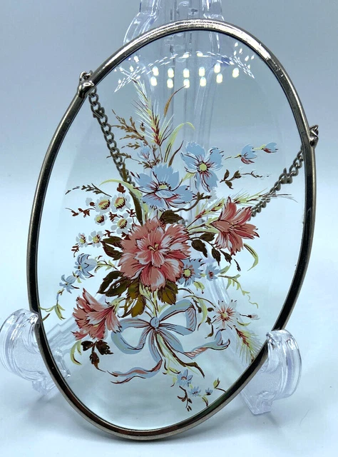 LYFORD Oval Beveled Edge Glass Floral + Blue Ribbon Suncatcher VINTAGE