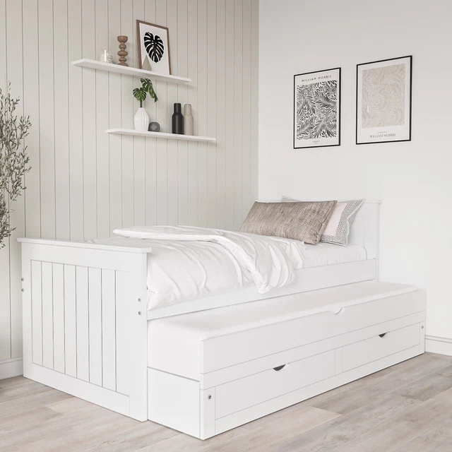 SINGLE BED WHITE Wooden with Trundle Bed and 2 Drawers £359.92