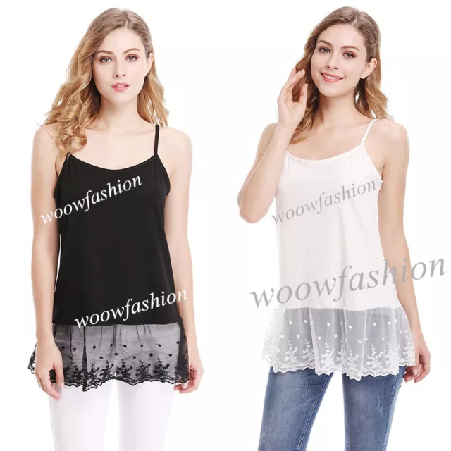 Women's Camisole slips Spaghetti Strap Lace hem Cami Long Tank Top Shirt Tunic