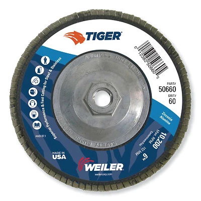 Tiger Disc Abrasive Flap Discs, 6",60 Grit, 5/8 Arbor, 10,200 Rpm, Phenolic Back