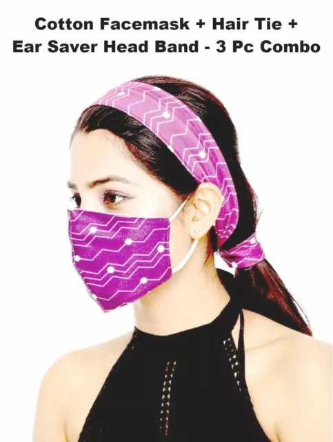 Ear Saver Cotton Face Mask + Head Band + Hand Band 3 Piece Set Reusable Washable
