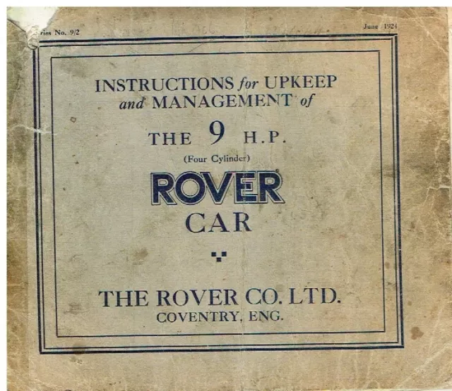 ROVER 9 hp SALOON ORIGINAL 1924 OWNERS INSTRUCTION & MAINTENANCE HANDBOOK