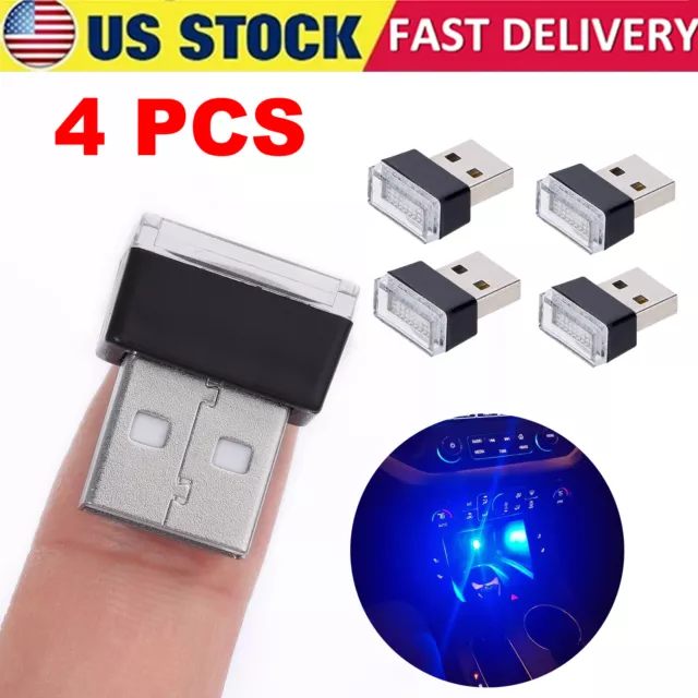 4x Mini Blue LED USB Car Interior Light Neon Atmosphere Ambient Lamp Accessories