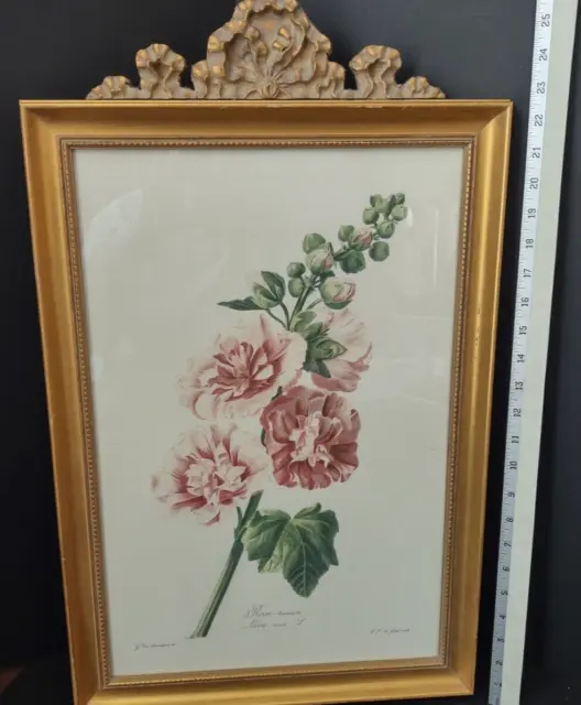 Vintage Wood Gold Color Alcea Rosea  Pink Hollyhock Picture Frame Sears w/Finial