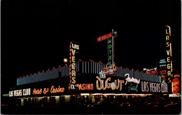 Las Vegas NV Club Casino Hotel Night Dugout Bar Train Neon Signs Cars Postcard