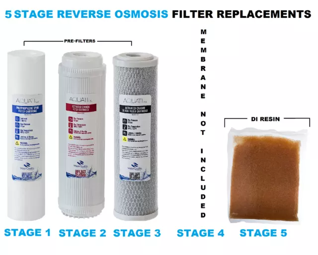 Aquati Replacement 5 Stage Reverse Osmosis System Pre Filters & DI Resin 4 PCS