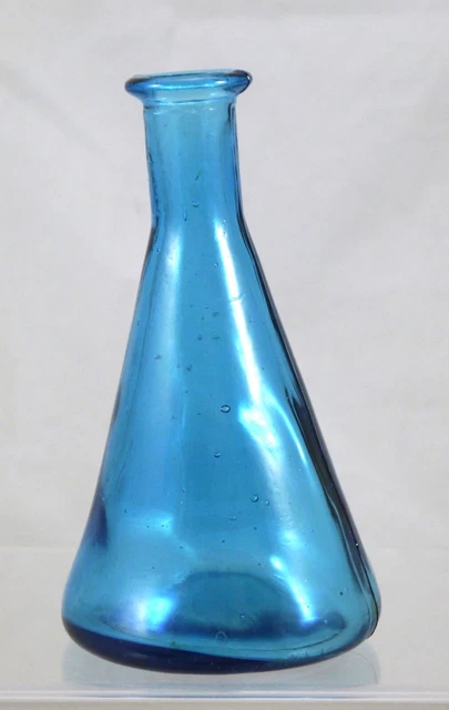 Old Blue Mold Blown Conical Glass Bottle: Slumped, Bubbles, Pressed Bottom 5"