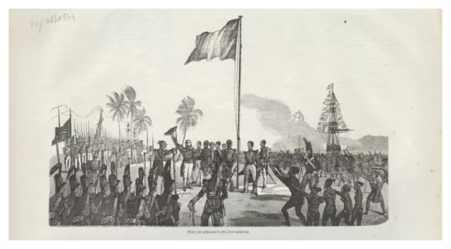 Prise de possession des îles Gambier archipel Polynésie française Gravure 1844