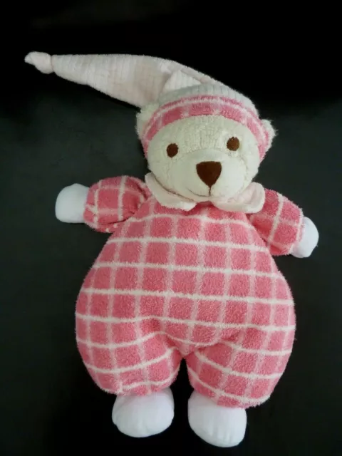 *. DOUDOU PELUCHE NOUNOURS OURS GM 27cms ROSE BLANC LONG BONNET CARREAUX - TTBE 3