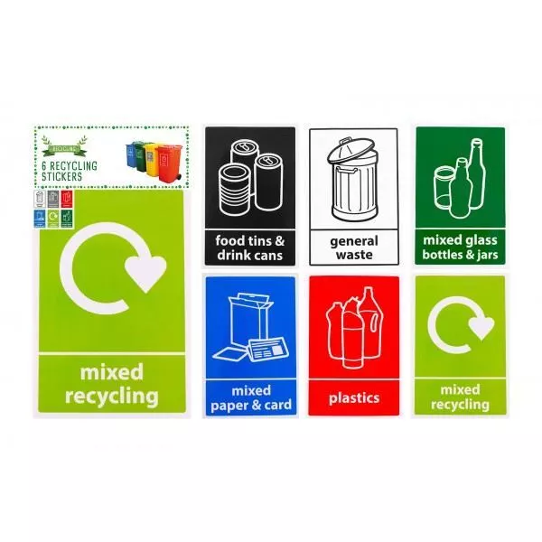 Mixed Set of Recycling Bin Sign Sticker Labels Plaques - Full set of 6 easy peel