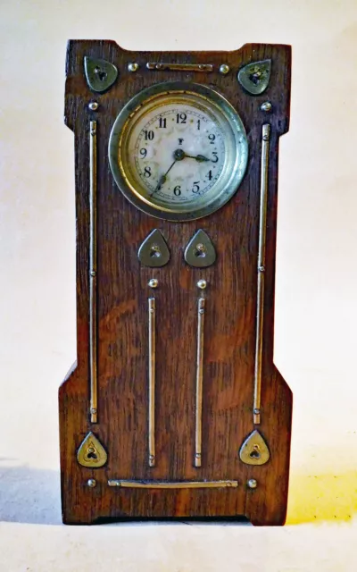 Antique Mission Arts and Crafts Brass Over Oak Wood Mantle Clock, C. 1900 Works
