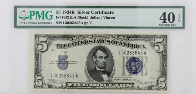 $5 1934B Silver Certificate Note FR#1652 LA Block PMG 40 EBQ Extremely Fine