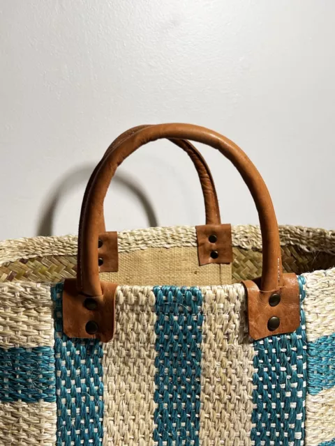 Mar Y Sol LN Teal/Cream Collins Sisal Tote Bag Leather Handles Beach Shopping 2