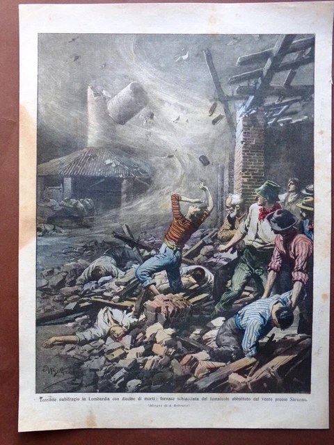 Retrocopertina Domenica Corriere nr. 31 del 1910 Nubifragio Lombardia a Saronno