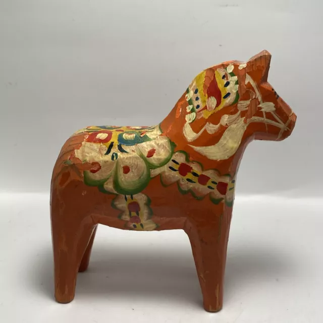 Dala Wood Horse Swedish Folk Art Reddish Orange MCM 4in Painted Horse READ