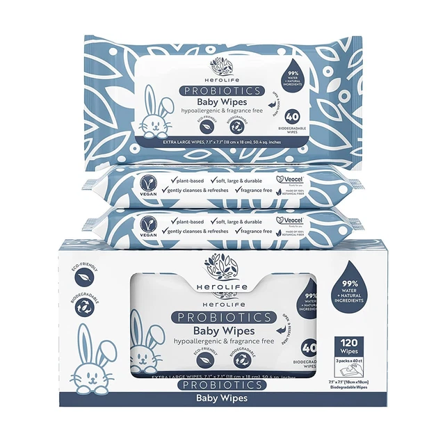 HEROLIFE Large Probiotics Baby Wipes for Delicate & Sensitive Skin,...