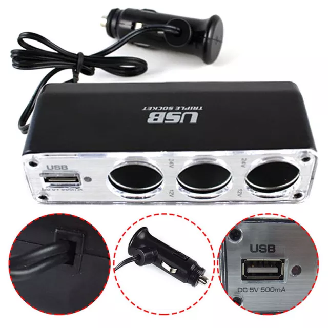 12V Car Cigarette Lighter 3-way Socket Power Splitter USB Charger Adapter C