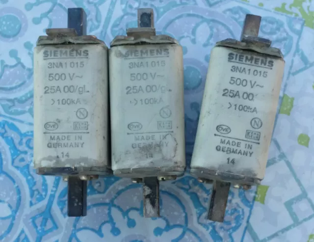 3X Siemens 3NA1015 25A cartouche fusible à couteaux taille 00 gL 500V Lot de 3 2