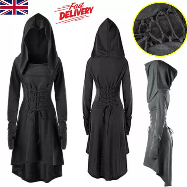 Womens Gothic Punk Cosplay Cloak Cape Coat Halloween Witch Costume Hooded Dress