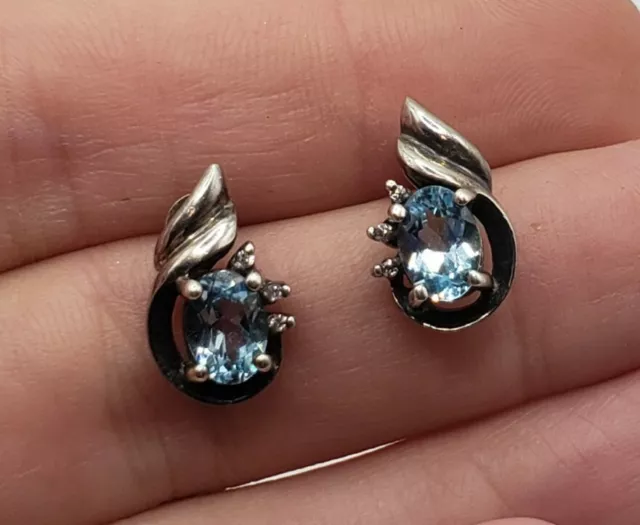 Designer Sterling Silver Blue Topaz And Diamonds Stud Earrings