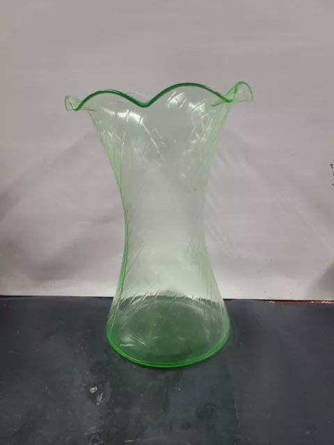 VTG HAND-BLOWN GREEN URANIUM GLASS RUFFLED VASE Hour-Glass Shape ~ 8" Tall ~
