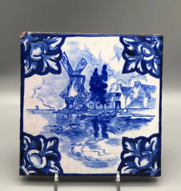Vintage Terracotta Pottery Glazed Square Trivet Tile Blue White Windmill