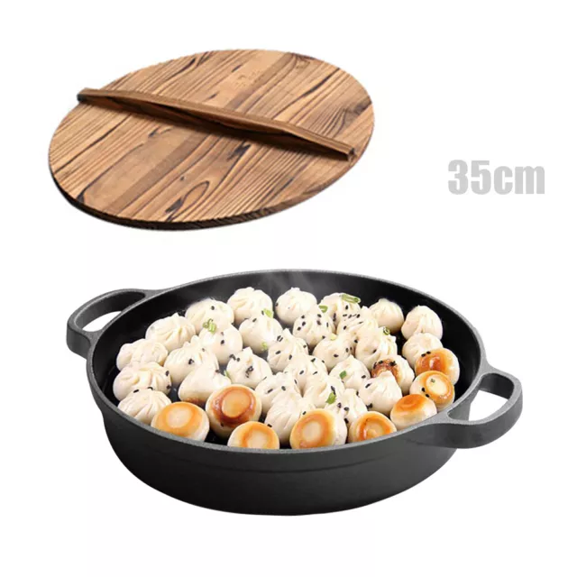 Non-stick Frying Pan Cast Iron Steak Skillet Round BBQ Grill Cookware 35cm +Lid
