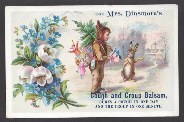 MRS. DINSMORE’S COUGH AND CROUP BALSAM MEDICINE ~ CHRISTMAS ADV TRADE CARD 1880s