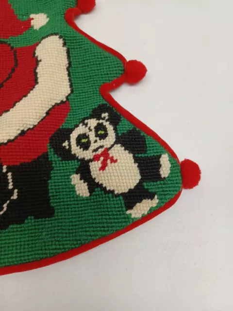 Vintage Needlepoint Christmas Tree Santa  Hang Door Wall Completed Pom Pom 3