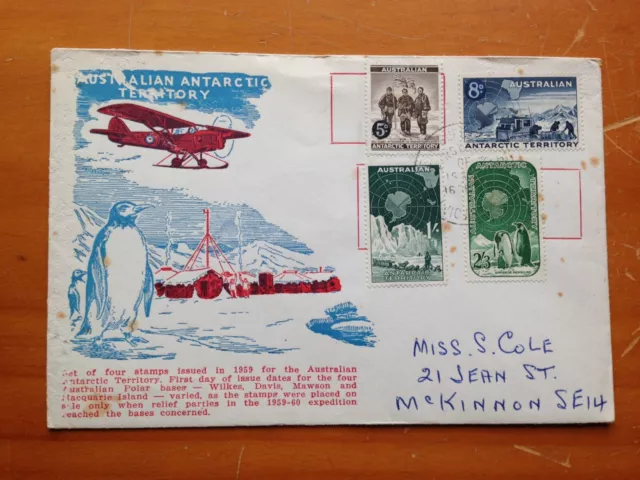 1959 Australia Aat Relief Expedition Vic Cancel Fdc By Blue & Red Seven Seas 2