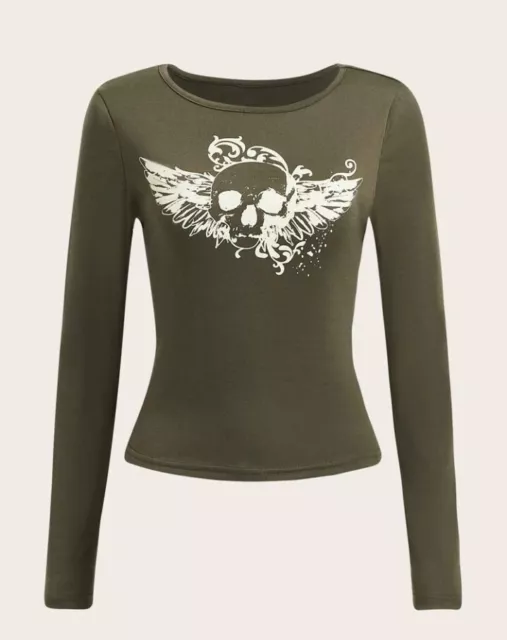 Womens Size 8-10 Khaki Green Skull Wing Crop Top T-Shirt New M Gothic Rocker Alt