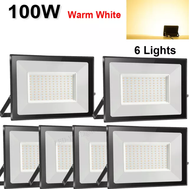 6x 100W LED Flood Light Floodlight Warm White Outdoor Garden Security Work Lamp