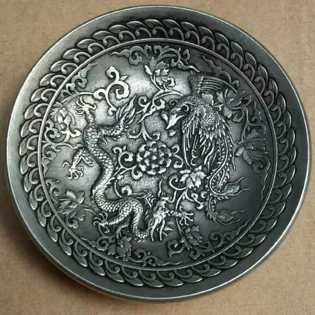 Old China tibet Silver Dragon Phoenix  Fengshui Collection 3.7 inch