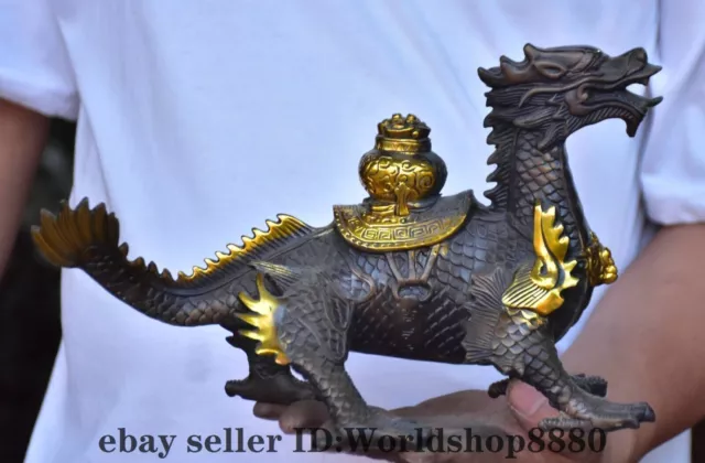 10.8" Old Chinese Copper Gilt Fengshui 12 Zodiac Year Dragon Statue Sculpture