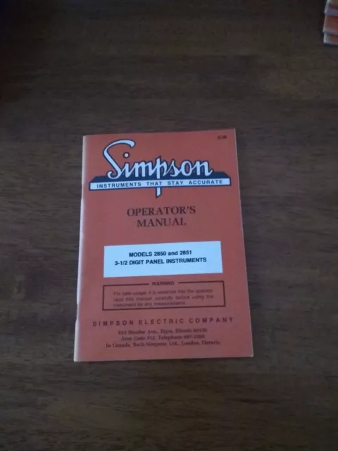 Manuel d'utilisation Simpson pour instruments à panneau 1/2 chiffres modèles 2850 et 2851