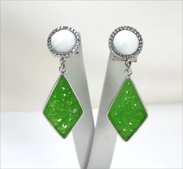 Orecchini In Argento 925 Con Zirconi Agata Bianca E Giada Verde Rombo Aght 0597