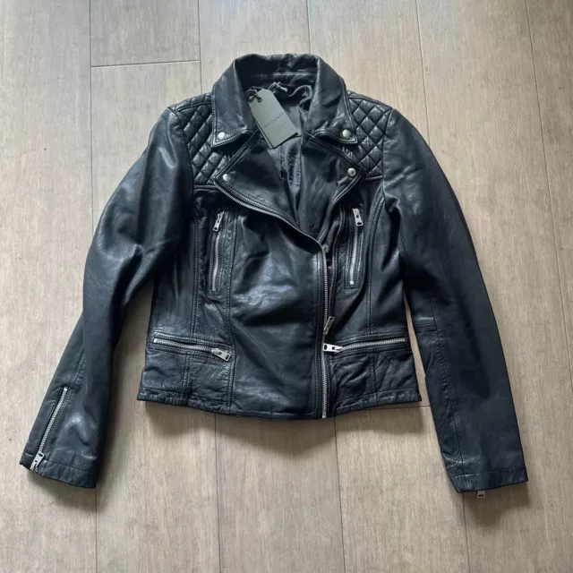 NWT $499 AllSaints Catch Biker women's leather jacket, Black, Size 4
