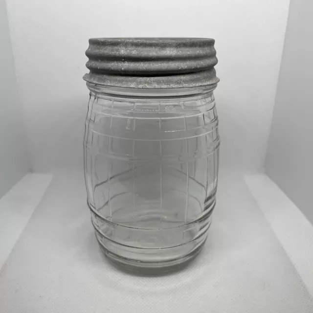 Vintage Hazel Atlas Clear Glass Pickle Barrel Pint Jar w/Zinc Lid