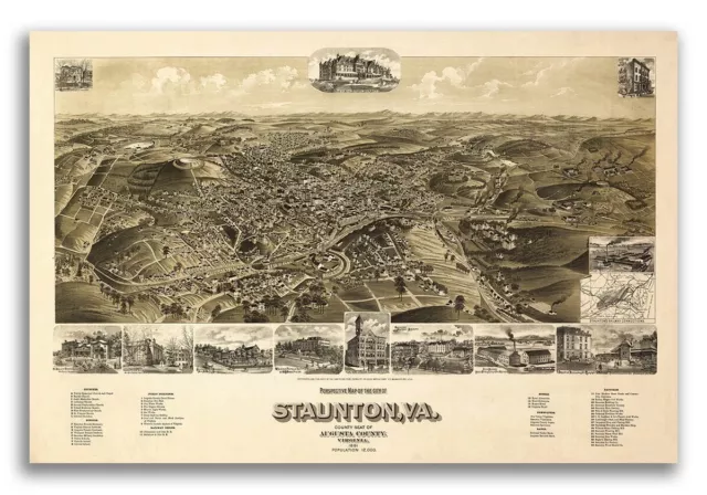 Staunton VA 1891 Historic Panoramic Town Map - 16x24