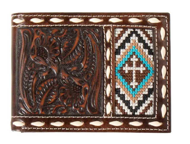 Nocona Western Men Wallet Bifold Leather Cross Embroidery Inlay Brown N500044502