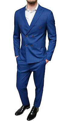 Abito uomo sartoriale blu completo vestito doppiopetto gessato elegante