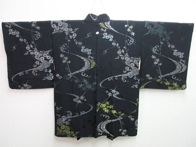 7659J2 Silk Vintage Japanese Kimono Haori Jacket Chrysanthemum Maple Leaf Ryusui