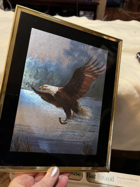 HOLOGRAPHIC ART EAGLE GRASPING FISH OVER LAKE VINTAGE 8x10"