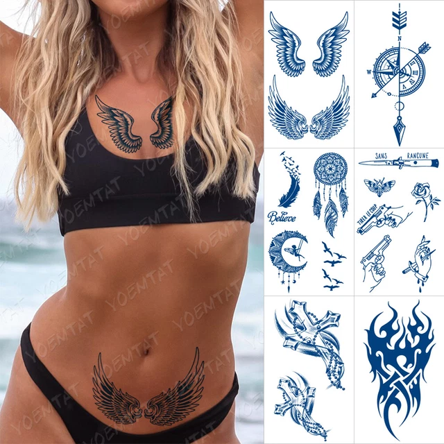 6PCS Juice Ink Wings Compass Gun Waterproof Temporary Tattoo Sticker For Women