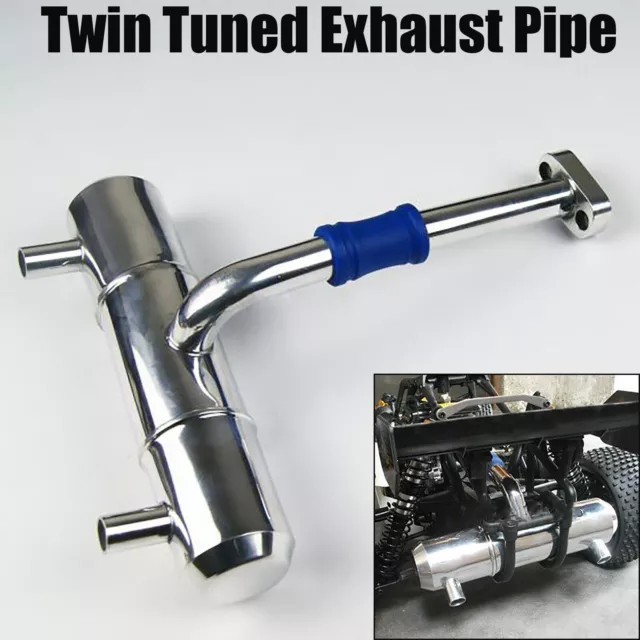 Metal Twin Tuned Exhaust Pipe for HPI 5B 5T 5SC KM Rovan Baja Buggy Truck Parts